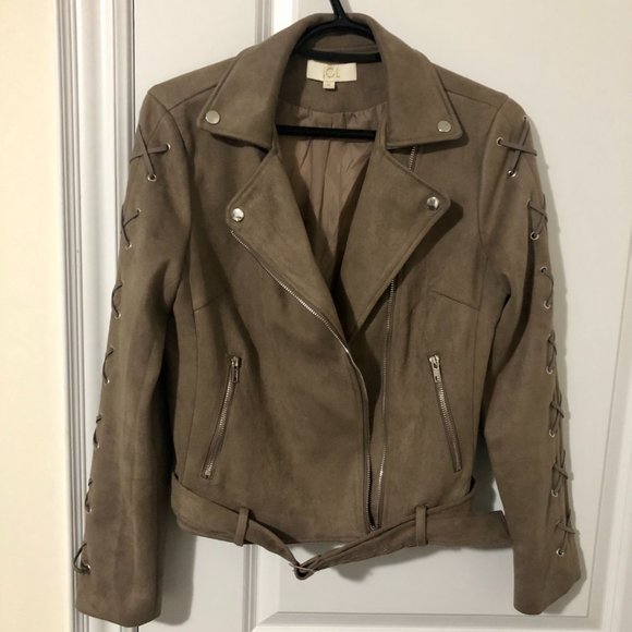 Beige Faux Suede Biker Jacket - Picture 6 of 12